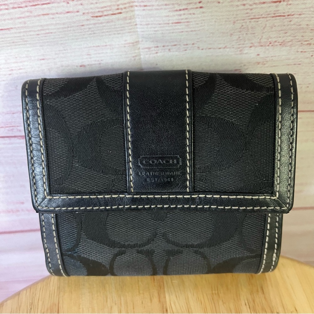 Coach Black “C” Logo Bi Fold Canvas Fabric With Leather Detail Wallet
